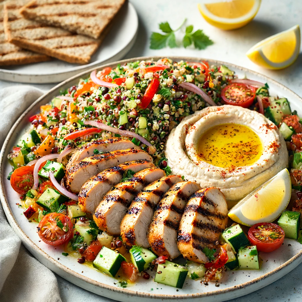 Grilled Chicken with Quinoa Tabbouleh and Hummus